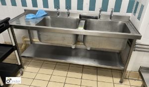 Stainless steel twin bowl Sink, 1800mm wide x 600mm deep x 880mm high, with undershelf and left-hand
