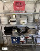 Contents to rack including Casserole Dishes, Frying Pans, Enamel Pots, etc (rack is lot 114)