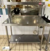 Stainless steel Servery Table, 1060mm wide x 760mm deep x 1330mm high, with undershelf and gantry