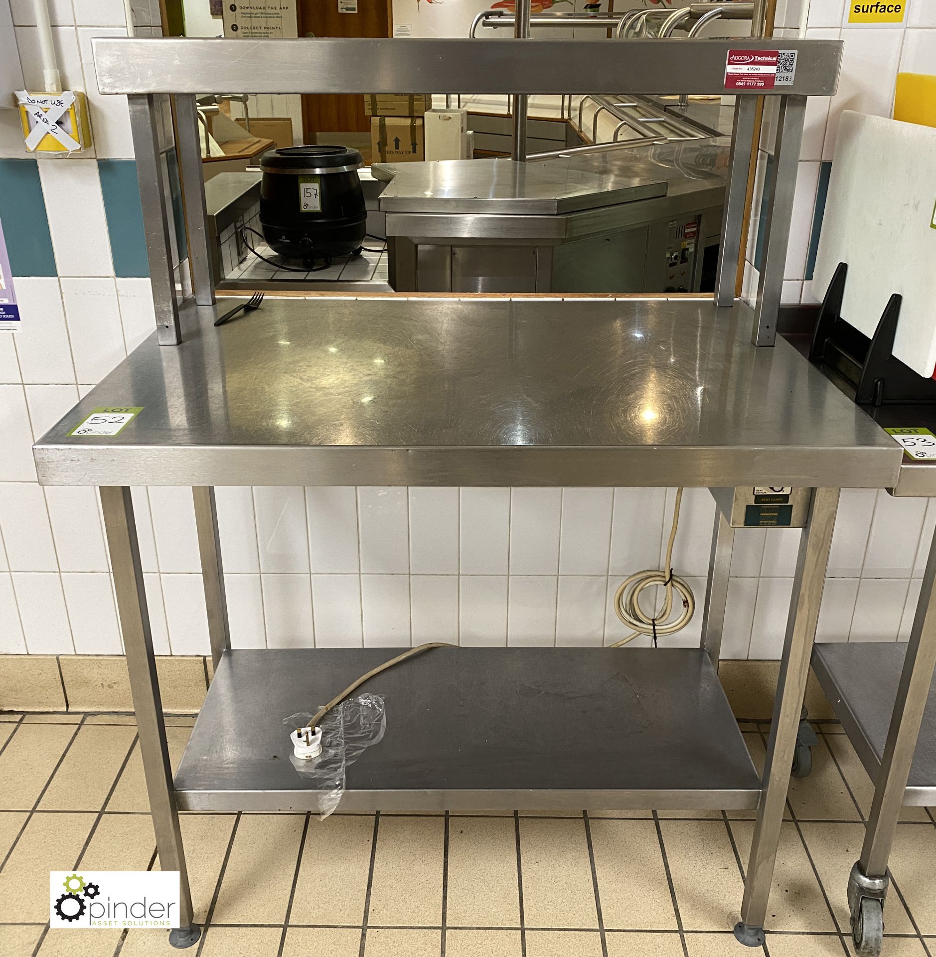 Stainless steel Servery Table, 1060mm wide x 760mm deep x 1330mm high, with undershelf and gantry