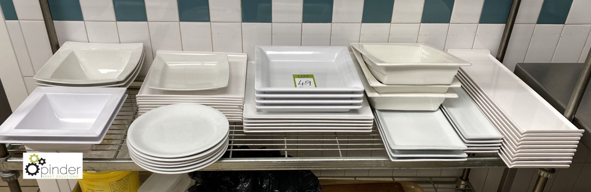 Quantity various shaped Platters/Plates/Bowls (rack is lot 50)