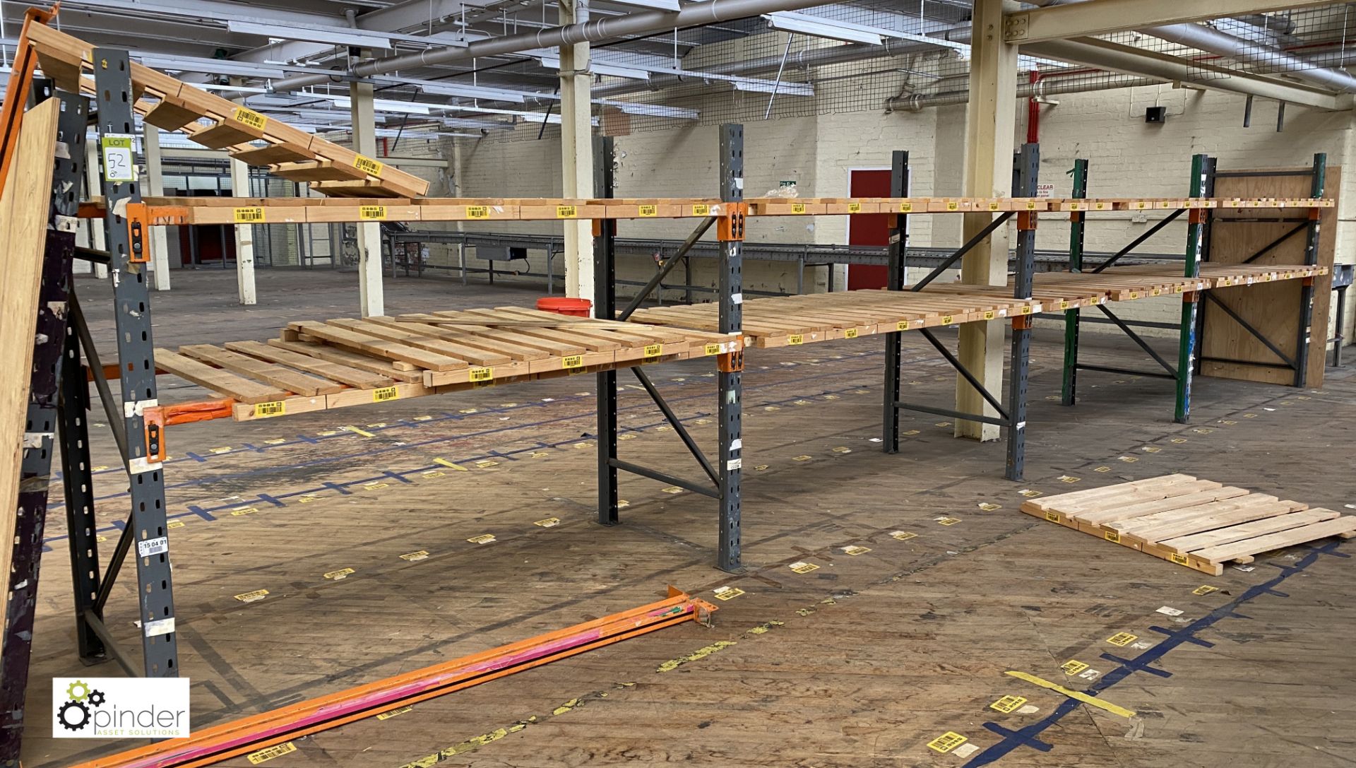 4 bays Dexion Speedlock Racking comprising 5 uprights 1910mm x 910mm wide, 16 beams 2120mm, timber