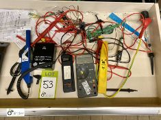 Quantity various Electrical Test Equipment, to drawer including fluke multimeter, Vaisak multimeter,