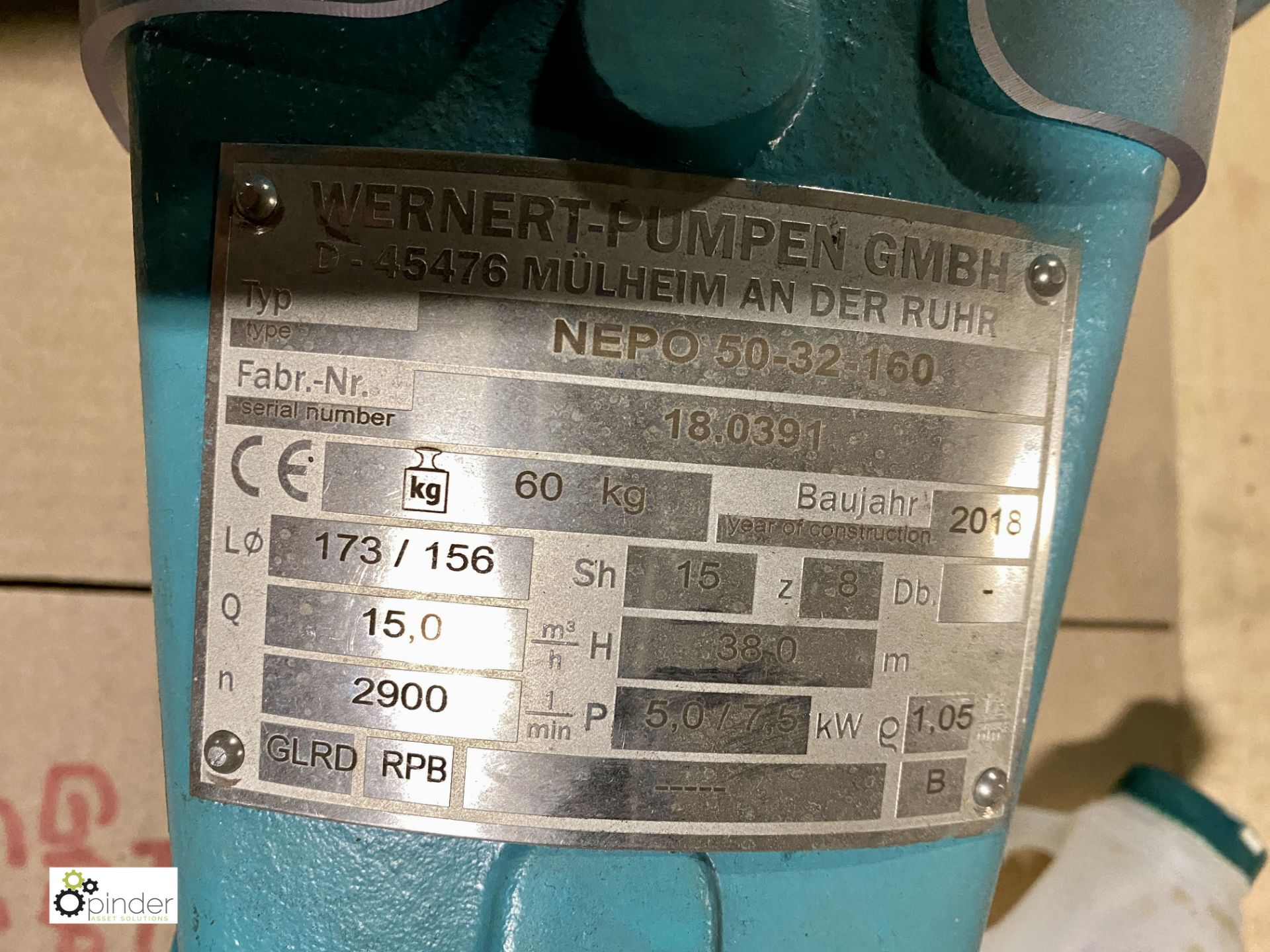 Wernert NEPO 50-32-160 Pump, S/N 18.0391, 15m³/hr @ 38m hd, Impeller 173/156, Year 2018 (JY035) ( - Image 3 of 4