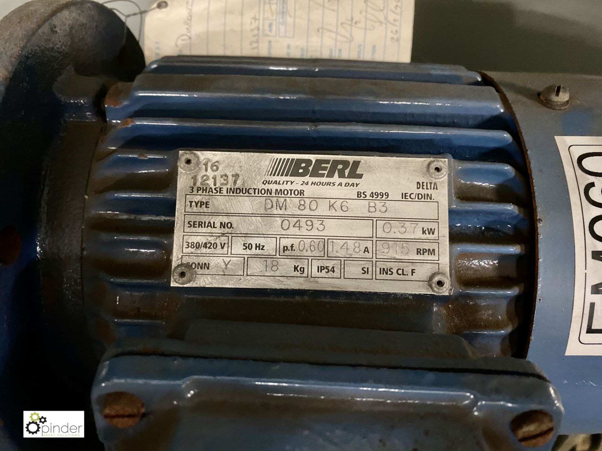 Berl DM80K6 Induction Motor, 0.37Kw, 3ph, 915rpm, 18kg (EM060) (please note there is a lift out - Image 2 of 2