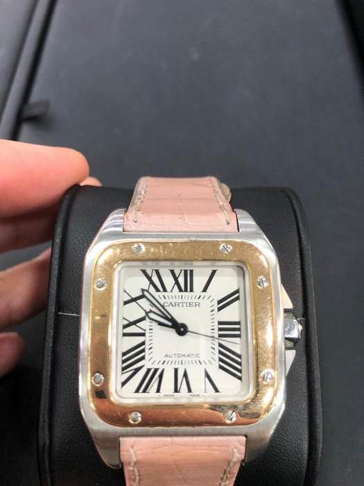 Cartier Pink Santos 100 Rose Gold & Steel With Sapphire Crown With Box - Image 4 of 4