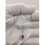 18k White Gold Pear Halo Pendant Emerald Chain & Diamond Set 16 Inch
