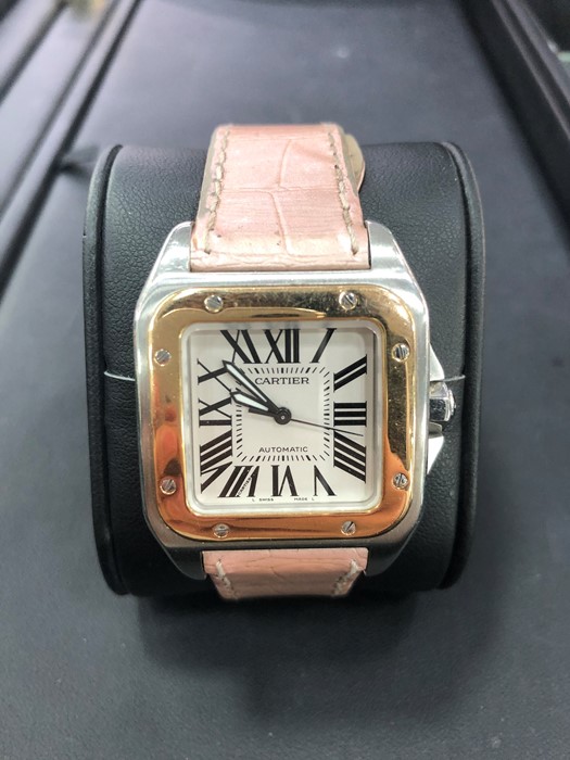 Cartier Pink Santos 100 Rose Gold & Steel With Sapphire Crown With Box