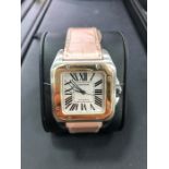 Cartier Pink Santos 100 Rose Gold & Steel With Sapphire Crown With Box