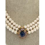 Antique Necklace with rows of freshwater pearls with Rubies & Sapphires Silver Gold Plated