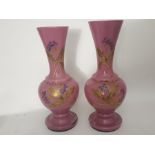 Pair Of French Pink Gilded Opaline Vases 11 inches tall