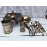 Assorted Victorian Silver Plate Cutlery, Dish, Mug, Crested Cup & Lidded Warmer