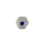Natural Blue Sapphire Hexagonal Ring Art Deco 3ct 18K White Gold