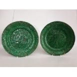 Pair Of English Majolica Green Flower Plates 19th Century