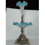 French Vaseline Epergne Central Piece Ribbed Gilded Glass On Silver Plated Stands