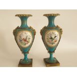 Pair Of Sevres Jewelled Gilt Bronze Vases Decorated With Birds & Scenes 19th Century