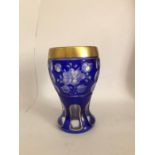 Bohemian Blue Goblet Vase Gilded Rims Cut Crystal Flowers 19th Century