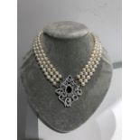 3 Rows Freshwater Pearl Necklace With Removable Silver Clasp Set On Cubic Zircon & Onyx Centre Stone