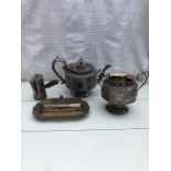 Silver Plated Victorian Engraved Part Tea Set, With Side Dish, Coffee Pot, Sugar Pot, Teapot