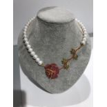 Ruby Rose & Emerald Necklace With Freshwater Pearls Mounted On Silver 19inches