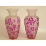 Pair Of Bohemian Vases Floral Pink Etching 1900's