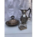 Victorian Muffin Dish, Water Jug & Toast Rack Silver Plated