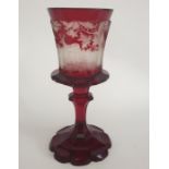 Red Bohemian Goblet Vase With Deer Hunting Scenes 1900's