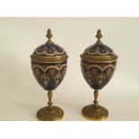 Pair Of Gilded French Jewelled Goblet Vases On Gilt Bronze 19th Century Engraved Bottoms