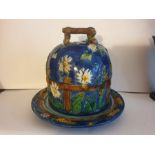 English Majolica Large Cheese Stand & Dish With Flowers Late 19th Century