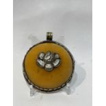 Amber & Silver Carved Butterfly Pendant 20th Century