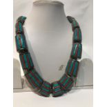 Turquoise & Coral Necklace On Silver From Afghanistan