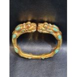 An Important Chinese Dragon Headed Tibetian Gold Coloured Bracelet With Turquoise & Agate