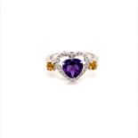 18K White Gold Amethyst & Diamond Heart Shaped Trilogy Ring