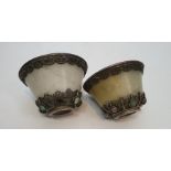 A pair of Chinese carved jade White Metal Cups With Jade, Garnet & Various Semi Precious Stones