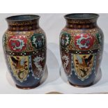 Pair Of Oriental Enamel Cloisonné Vases With Sand Stone
