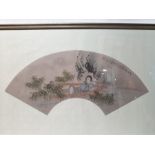 Oriental Hand Painted Fan Shaped Sakura Girl Framed