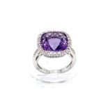 18k White Gold Amethyst & Diamond Cushion Halo Ring