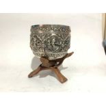 Oriental Solid Silver Buddha Engraved Bowl With Wooden Stand