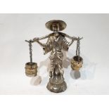 Oriental White Metal Old Man With Water Buckets Figure