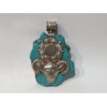 Turquoise & Silver Pendant With Goat Insignia