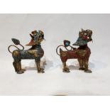 Pair Chinese Brass Lion with Turquoise and Coral with Removable Head
