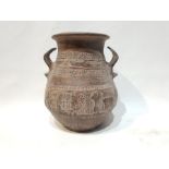 A Terracotta Vase Engraved with Depictions of Agriculture, Boats and Foliage, Signed