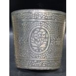 Islamic Indian Bidri White Metal Silver Inlaid Cup With Embossed Floral Scenery