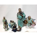 6 Green Chinese Porcelain Figures Each With a Different Gestures