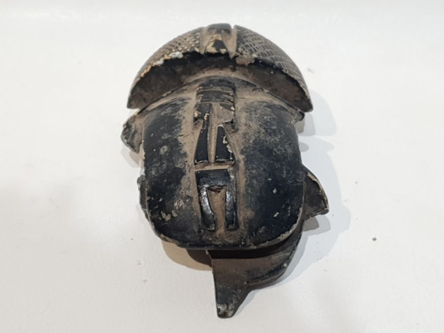 A Black Stone Egyptian Scarab Beetle with Hieroglyphics Transcription. - Image 3 of 4