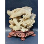 Chinese Jade Phoenix Bird Figure Mounted On Wooden Stand