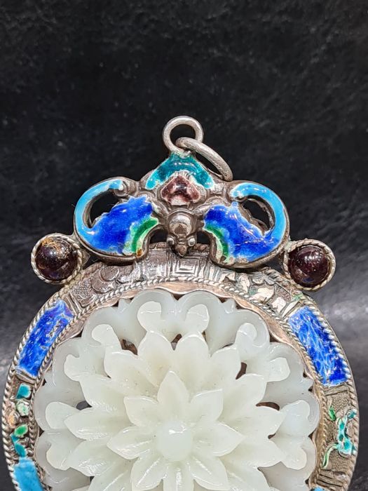 Chinese Jade & Enamel Pendant Set On Silver - Image 3 of 7