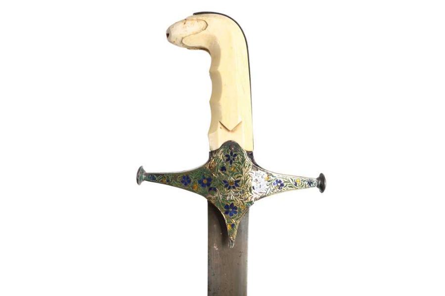 18TH CENTURY GOLD ENAMEL IVORY AND STEEL SHAMSHIR SWORD - Image 4 of 21