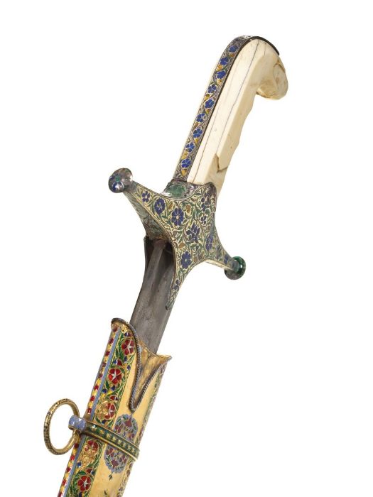 18TH CENTURY GOLD ENAMEL IVORY AND STEEL SHAMSHIR SWORD - Image 3 of 21