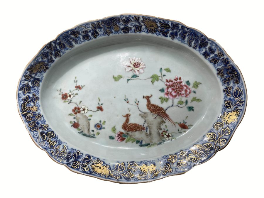 Chinese 18th Century Export Oval Platter Enamelled Decoration On Underglaze blue with Peacocks